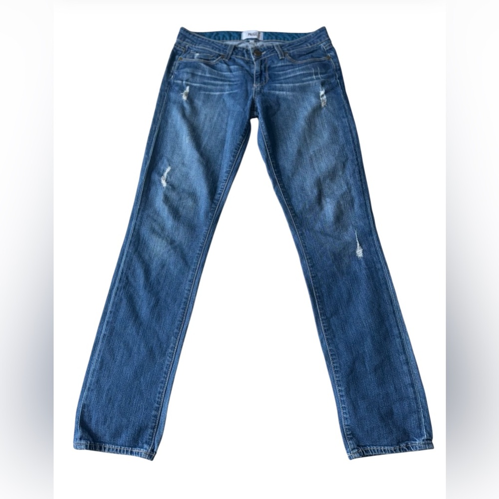 Paige Womenโs Skyline Skinny Blue Distressed Denim Jeans Size 29
